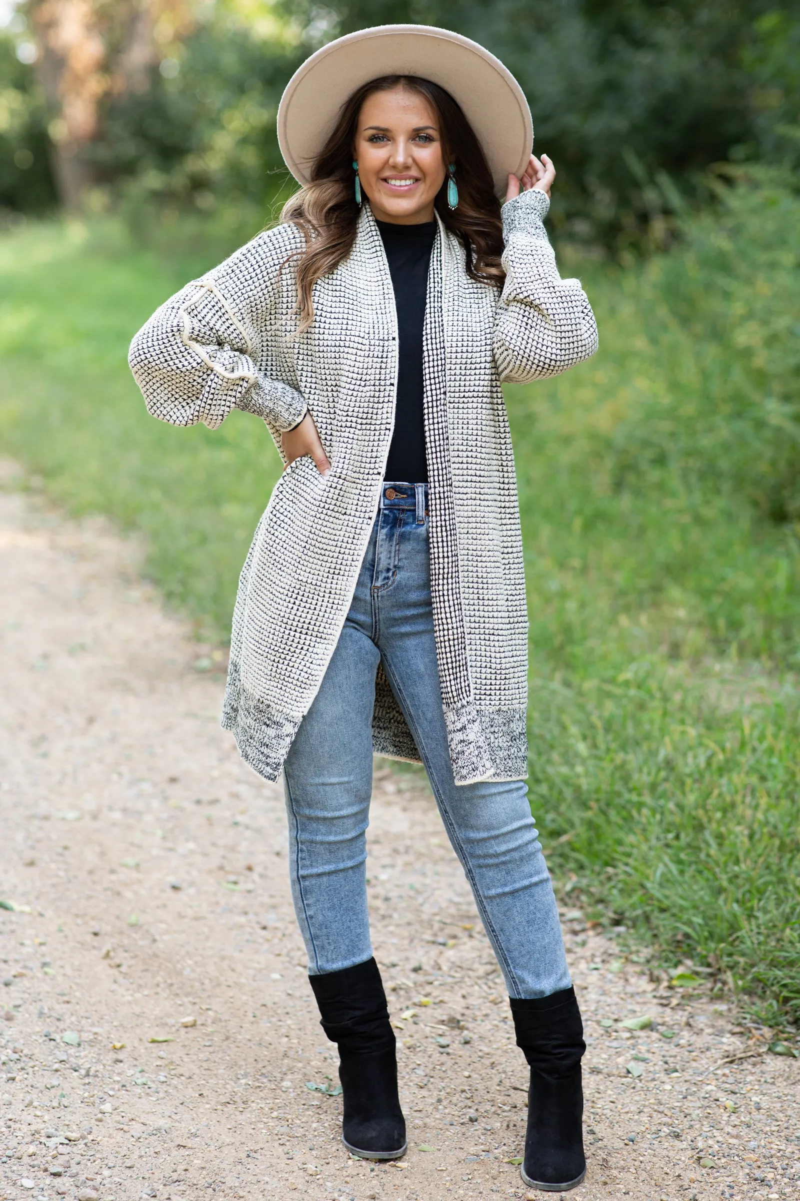 Beige Textured Mid Length Cardigan