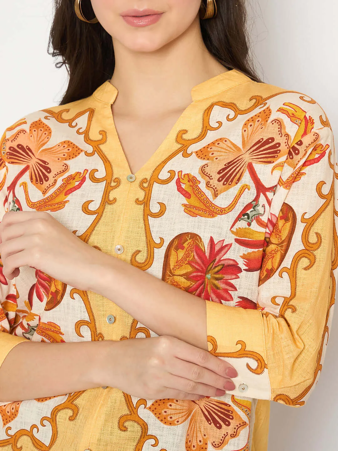 Madame Placement Print Yellow Cotton Top